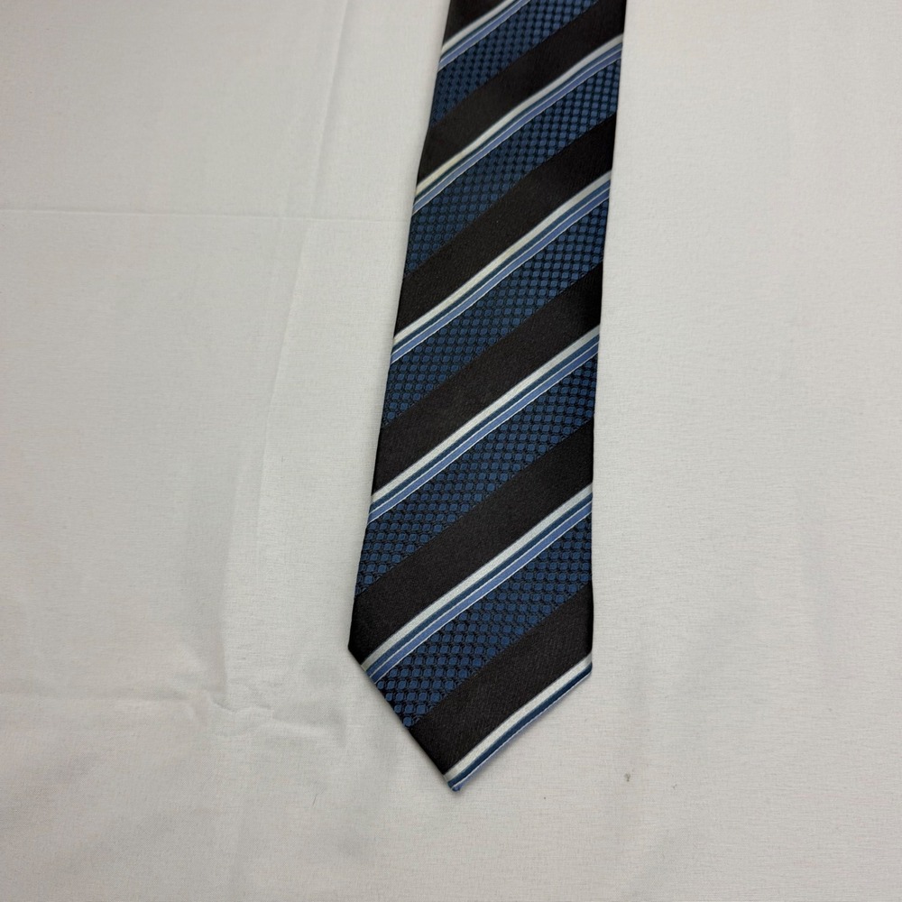 Ermenegildo Zegna Necktie 60" x 3.5" Blue Black Silk Striped Geometric Italy